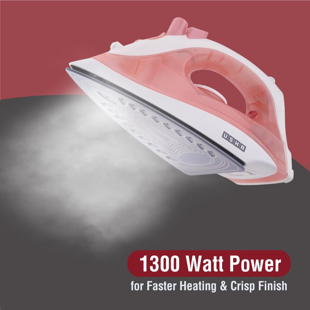 USHA SI 3813 C 1300W Steam Iron with Ceramic Coated Sole Plate, Self Cleaning, 180ml Water Tank, 360° Swivel Cord, Spray & Steam Burst Function – 2 Year Warranty (Pink)
