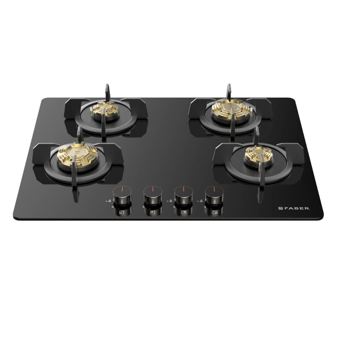 Faber 4 Burner 70cm Hobtop|Auto-Ignition |Metal Knobs|Cast Iron Pan Support |Hob/Cooktop Hybrid| Black Glass Finish |5 Y