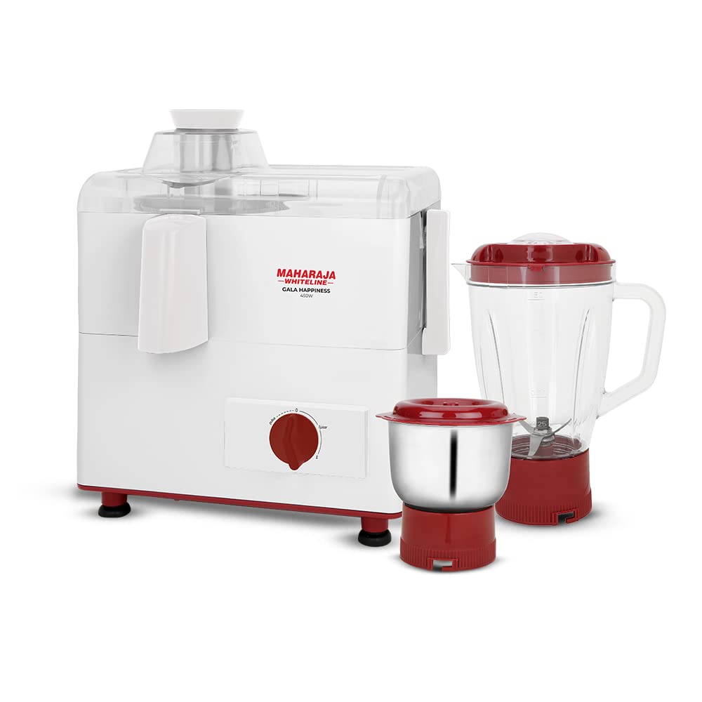Maharaja Whiteline Gala Happiness Juicer Mixer Grinder With 2 Jars | Long Lasting Performance With 450 Watts| Food Grade Safe | High Grade Mesh For Efficient Juicing | 2 Year Warranty (White)
