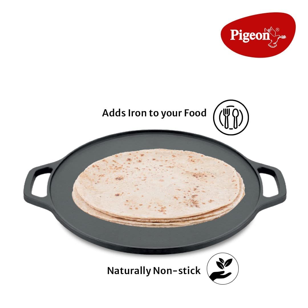 Pigeon Long Lasting Cast Iron Flat Tawa, Naturally Non-Stick, Even Heat Distribution and Retains Heat for Long That Comp