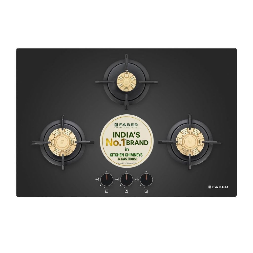 Faber 3 Burner 78Cm HOBTOP|Auto Ignition |Metal Knobs| Cast Iron Pan Support|HOB/Cooktop Hybrid|Black Glass Finish|5 Yrs