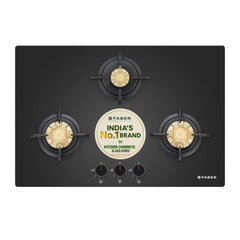 Faber 3 Burner 78Cm HOBTOP|Auto Ignition |Metal Knobs| Cast Iron Pan Support|HOB/Cooktop Hybrid|Black Glass Finish|5 Yrs