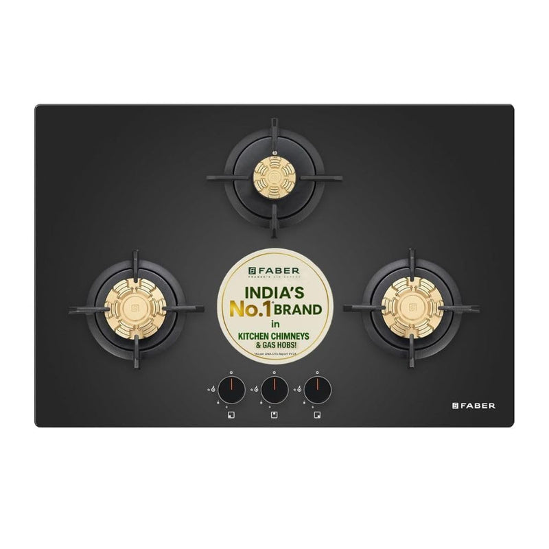 Faber 3 Burner 78Cm HOBTOP|Auto Ignition |Metal Knobs| Cast Iron Pan Support|HOB/Cooktop Hybrid|Black Glass Finish|5 Yrs