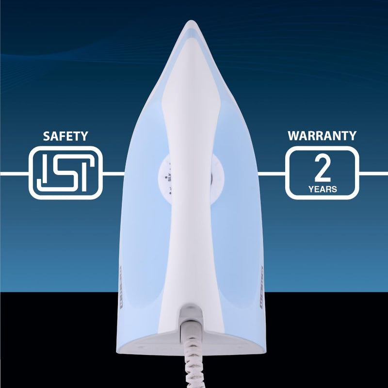 USHA EI 3802 1000W Dry Iron with Double Coat Golden Weilburger Soleplate, 180° Swivel Cord, Easy Fabric Selector & Overheat Protection (Blue/White)
