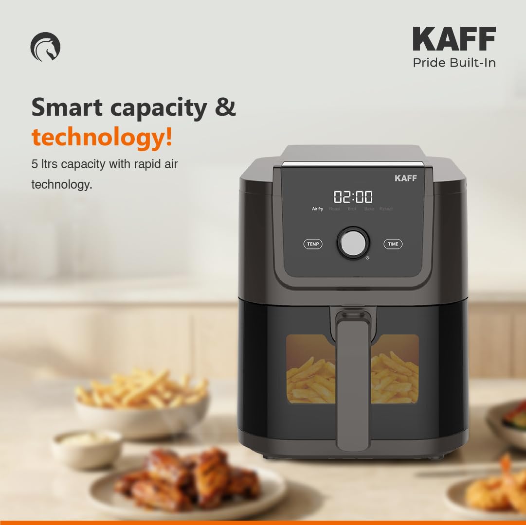 Kaff Digital Air Fryer 5L, 1500W Oil Free Air Fryer for Home with Visible Window, 5 Preset Cooking Modes, LED Touch Cont