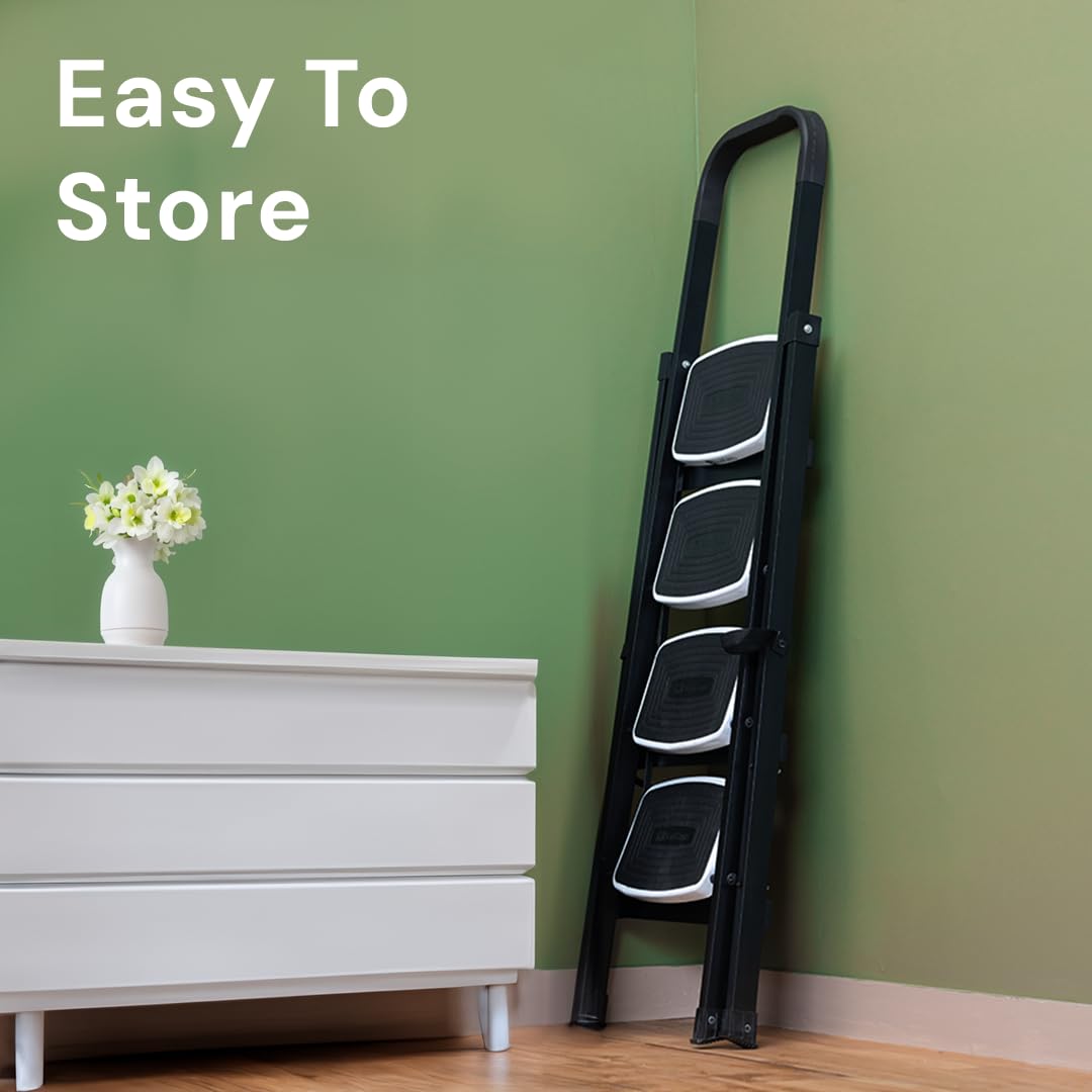 BonKaso Climb Steady Premium Alloy Steel Heavy Duty Multipurpose Foldable 5 Step Ladder with Connecting Frame & Belt Support, Load Capacity Upto 120kg | for Home and Outdoor - (Matte Black & White)