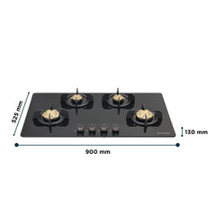 Faber 4 Burner 90cm Hob/Cooktop Hybrid | Auto-Ignition| Metal Knobs|Cast Iron Pan Support|Black Glass Finish |5 Yrs Warr