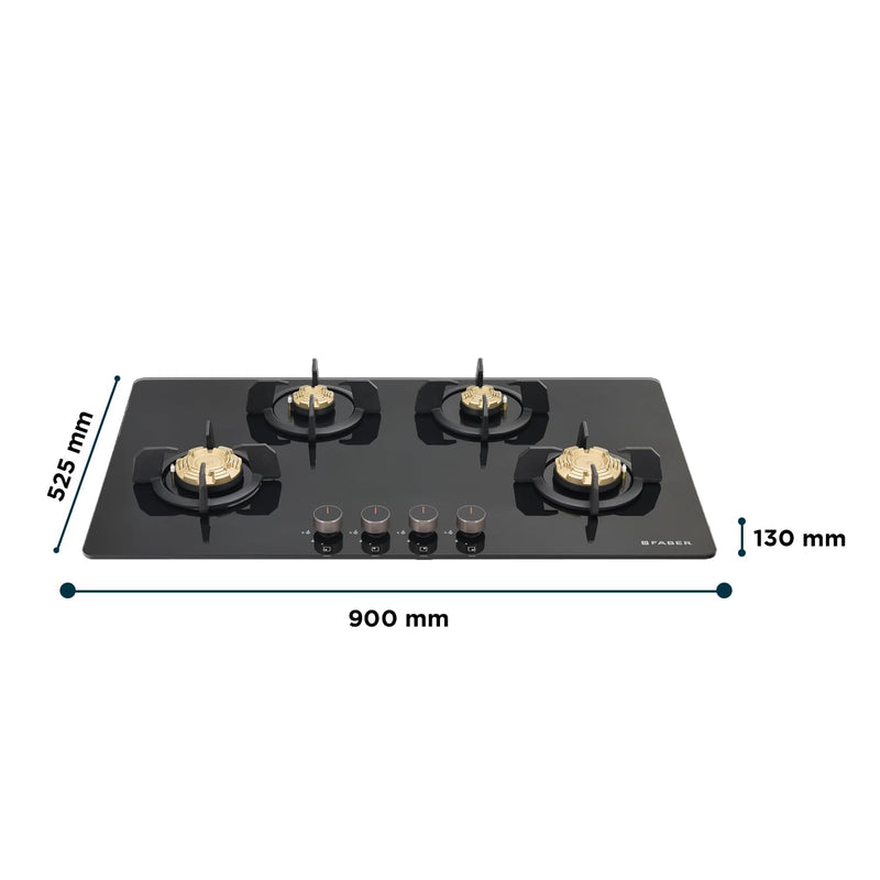 Faber 4 Burner 90cm Hob/Cooktop Hybrid | Auto-Ignition| Metal Knobs|Cast Iron Pan Support|Black Glass Finish |5 Yrs Warr