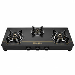 Faber 4 Burner 69cm Cooktop| 2 Jumbo + 1 Medium + 1 small Brass Burners| Designer Matt Black Glass Finish|ABS Knobs|5 Yr