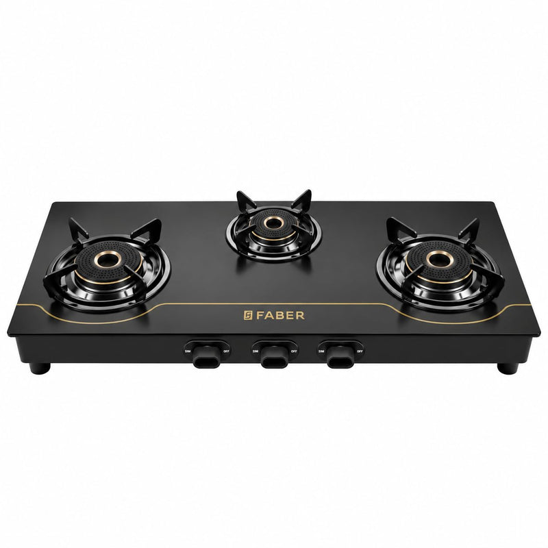 Faber 3 Burner 77cm Cooktop | 2 Jumbo + 1 small Brass Burners | Designer Matte Black Glass Finish |ABS Knobs| 5 Yrs Warr