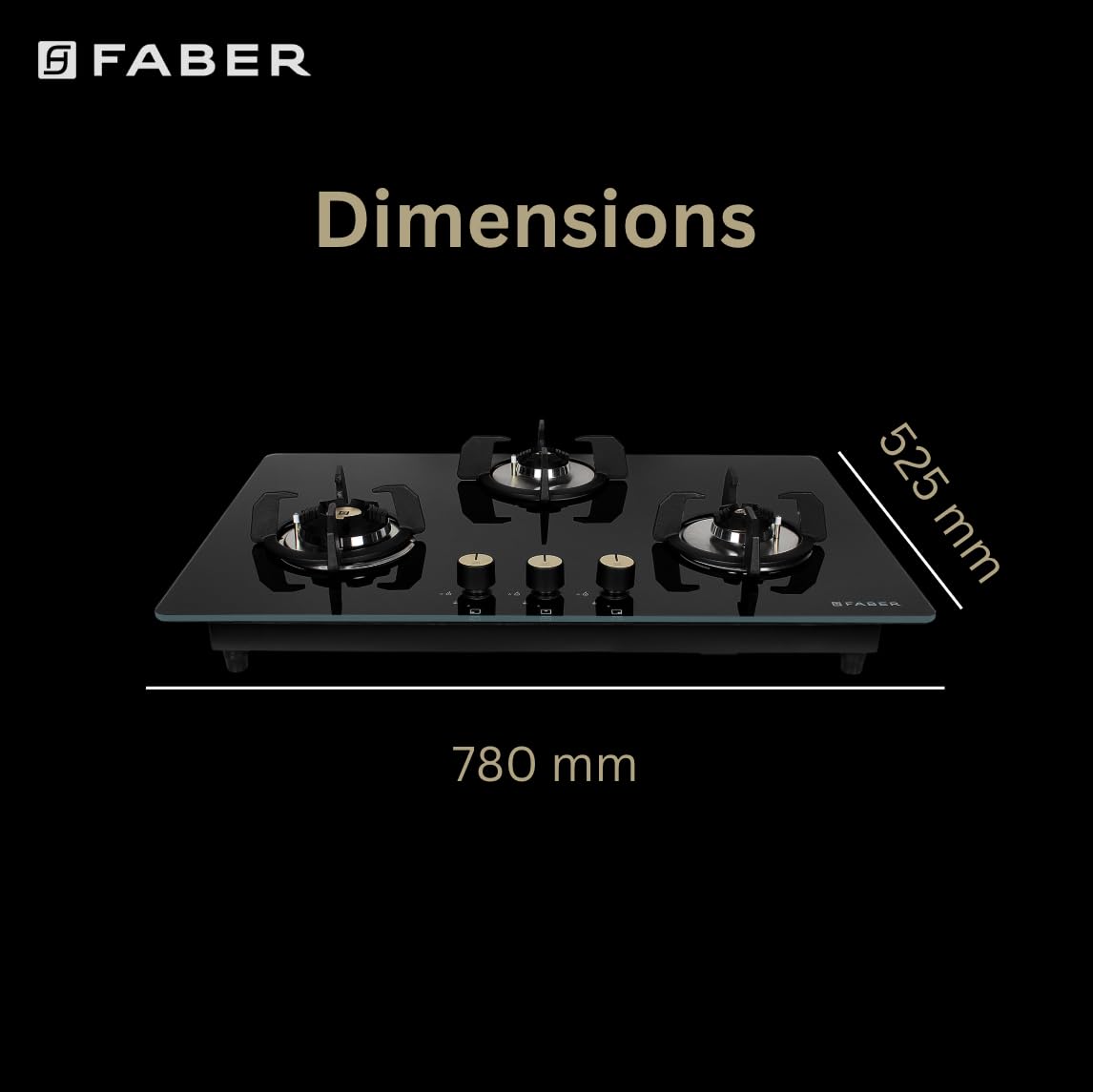 Faber Hob/Hobtop 3 Brass Burner Auto Electric Ignition Glass Top (Maxus HT783 CRS BR CI AI) Black