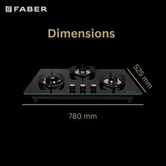 Faber Hob/Hobtop 3 Brass Burner Auto Electric Ignition Glass Top (Maxus HT783 CRS BR CI AI) Black