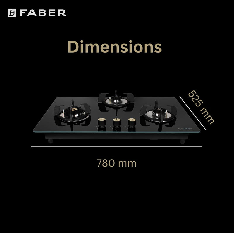 Faber Hob/Hobtop 3 Brass Burner Auto Electric Ignition Glass Top (Maxus HT783 CRS BR CI AI) Black