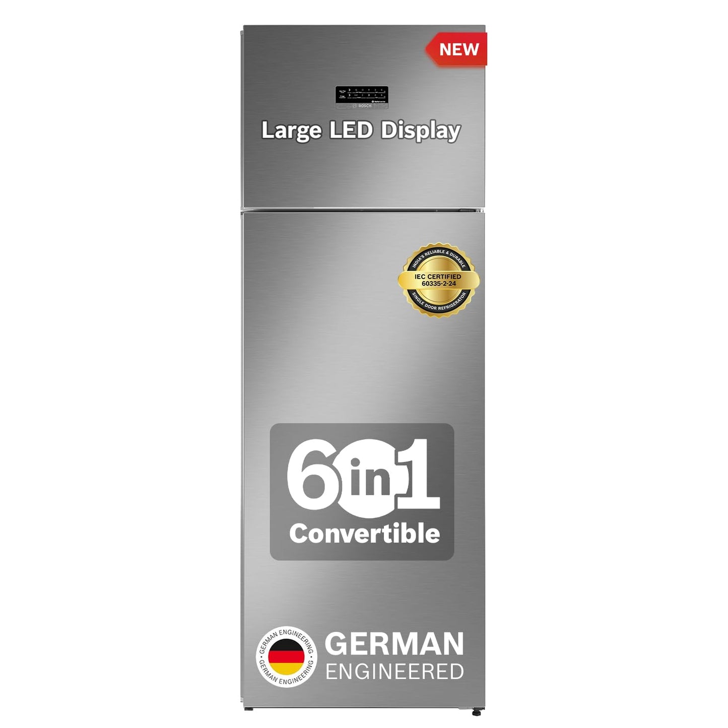 Bosch 243L 3 Star Inverter Frost free Double Door Refrigerator (2023 Model, CTC27S031I, 6-in-1 Convertible, 18 Hours Cooling Retention, Digital Display, Super Freeze, 80min Covert, Silver Inox)