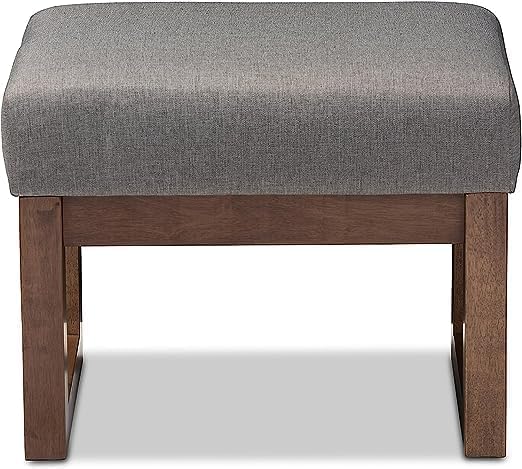 Mid Century Retro Modern Fabric Upholstered Ottoman Stool, Natural Finish Base Grey Cushion