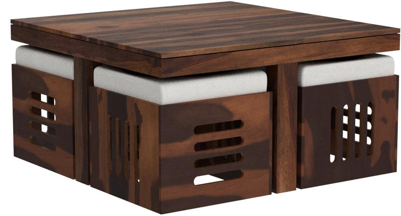 Solid Sheesham Coffee Table 4 Seater with Four Stool for Living Room Center Coffee Table for Bedroom,Cafe, Home