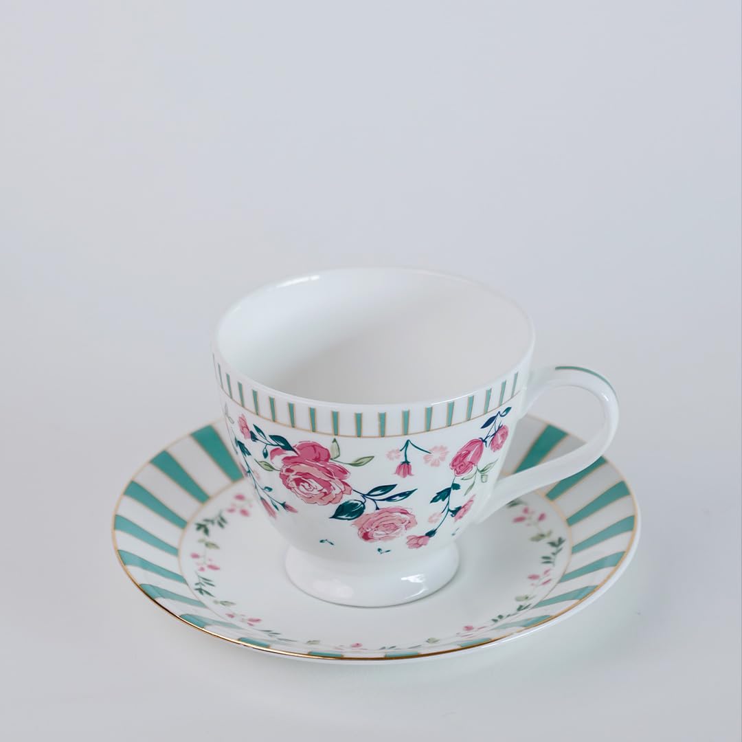 Magique by The Wishing Chair x ClayCraft : Portrait of a Rose Tea Cups & Saucers Set of 6 | 180 ml Fine Ceramic Floral Cups | Elegant Glossy Finish | Ideal for Gifting & Home Use