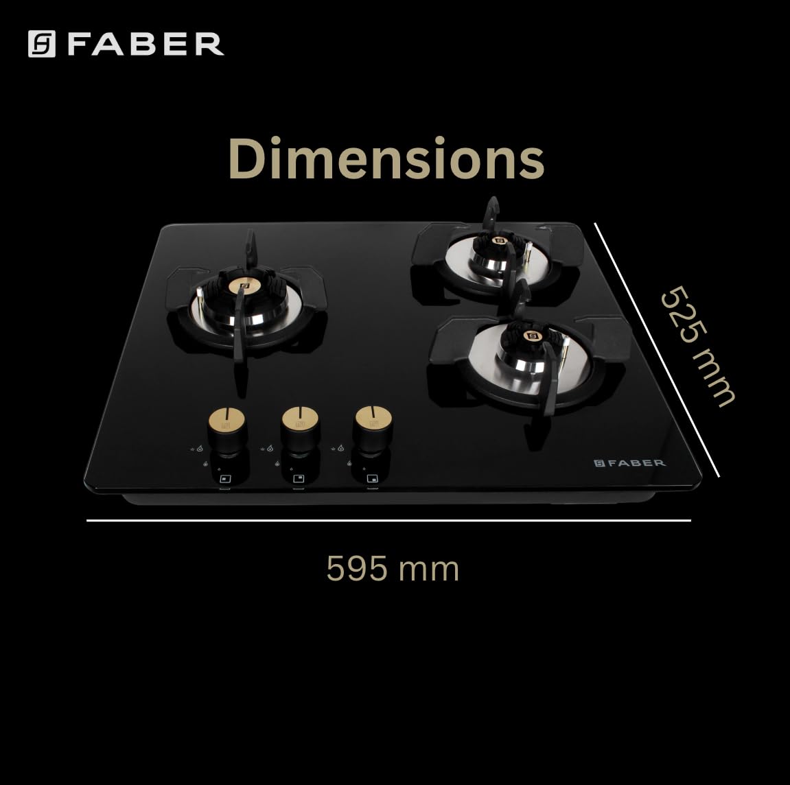 Faber Hob/Hobtop 3 Brass Burner Auto Electric Ignition Glass Top (Maxus HT603 CRS BR CI AI) Black