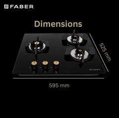 Faber Hob/Hobtop 3 Brass Burner Auto Electric Ignition Glass Top (Maxus HT603 CRS BR CI AI) Black