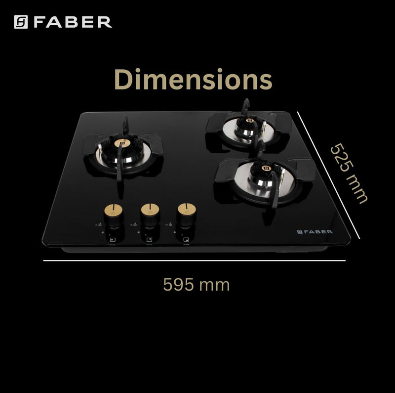 Faber Hob/Hobtop 3 Brass Burner Auto Electric Ignition Glass Top (Maxus HT603 CRS BR CI AI) Black