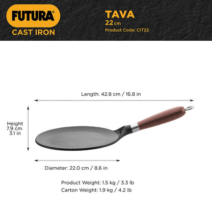 Hawkins Futura 22 cm Cast Iron Tava, Cast Iron Tawa for Roti, Cast Iron Cookware for Kitchen, Black (CIT22)