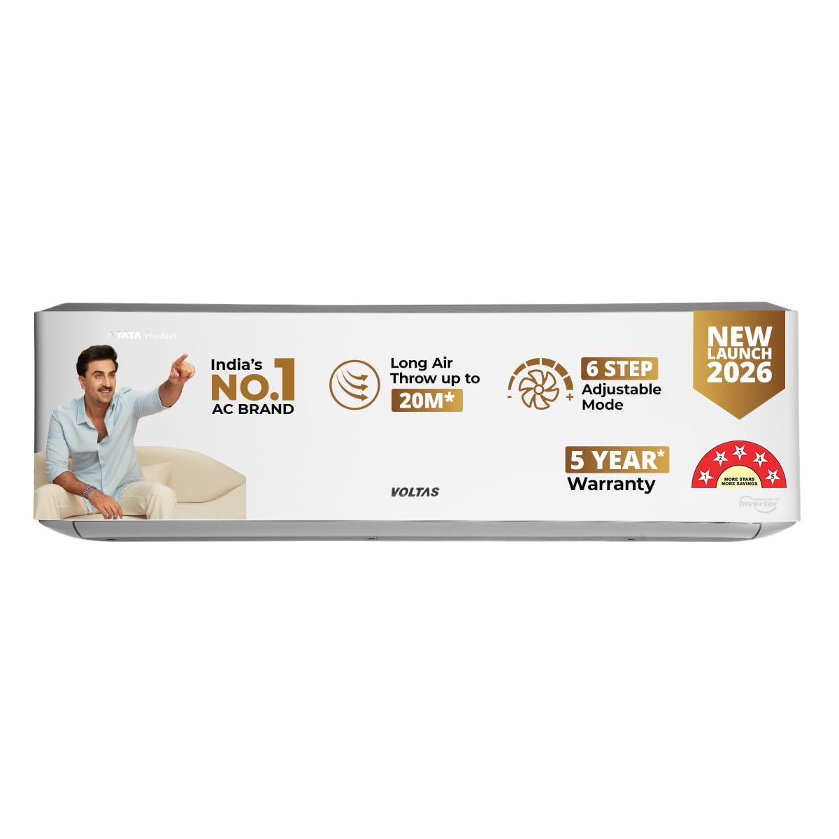 Voltas 1.5 ton 5 Star, New star rated, Inverter Split AC (Copper, Convertible 6-in-1 Cooling Modes, Auto Clean, Sleep Mode with Hidden Display, Memory Restart (185INV VENUS LUXE, White)