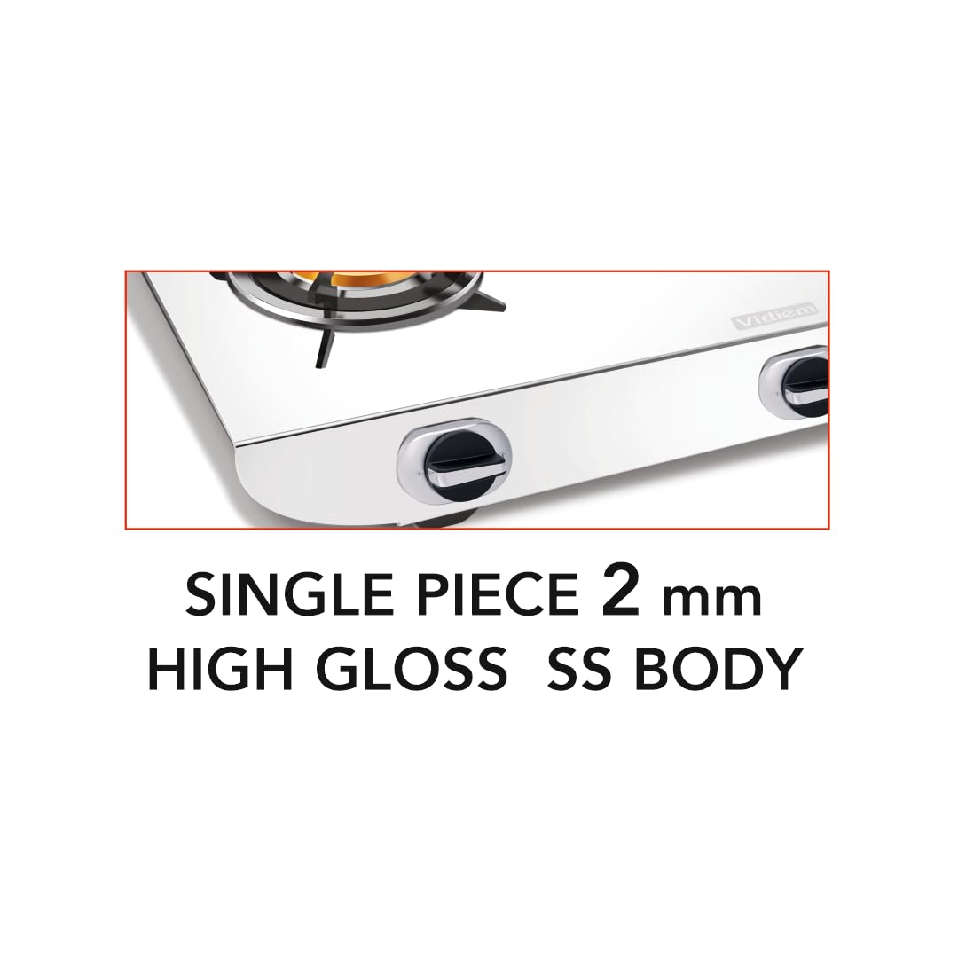 Vidiem Tusker Pulse Stainless Steel 3 Burner Gas Stove with Brass Burners, Auto Ignition Gas Stove, High Gloss Finish, L