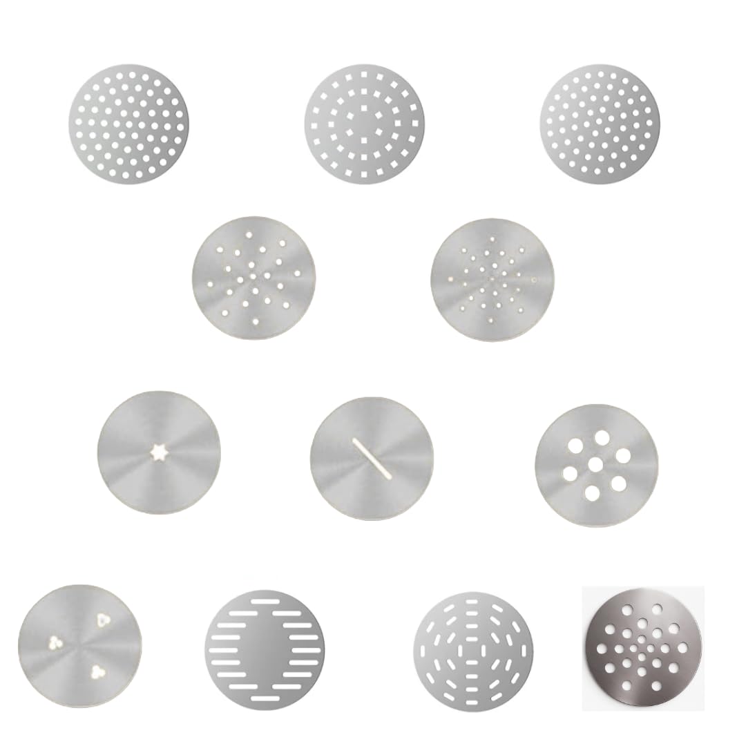 12-Pack Stainless Steel Replacement Discs – Interchangeable Molds/Dies for Handheld Murukku Maker, Idiyappam Noodle Maker, Sev, Pasta & More Compatible with All Automatic Noodle Makers (12)