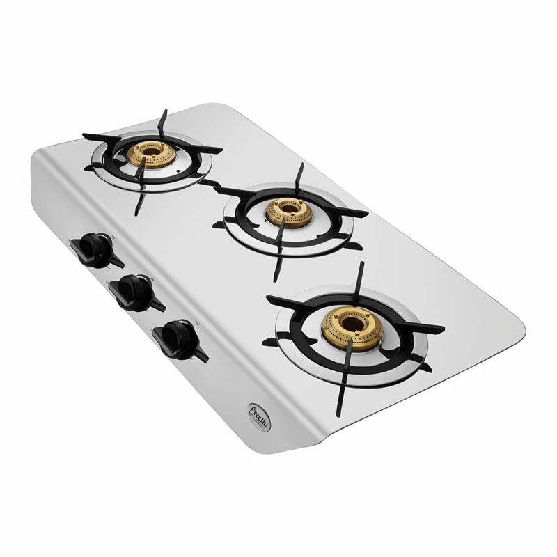 Preethi Stylo Steel 3 Burner Gas Stove |Curved & Sleek design| Heavy Brass Burner| Ant Guard Jet | Removable Drip Tray