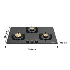 Faber 3 Burner 78Cm HOBTOP|Auto Ignition |Metal Knobs| Cast Iron Pan Support|HOB/Cooktop Hybrid|Black Glass Finish|5 Yrs