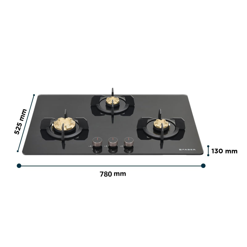 Faber 3 Burner 78Cm HOBTOP|Auto Ignition |Metal Knobs| Cast Iron Pan Support|HOB/Cooktop Hybrid|Black Glass Finish|5 Yrs