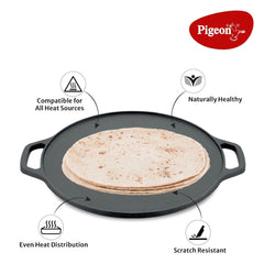 Pigeon Long Lasting Cast Iron Flat Tawa, Naturally Non-Stick, Even Heat Distribution and Retains Heat for Long That Comp