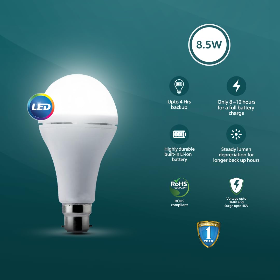 Philips Stellar Bright Rechargeable Emergency Inverter LED Bulb, B22 8.5-Watt-Crystal White(Pack of 4)