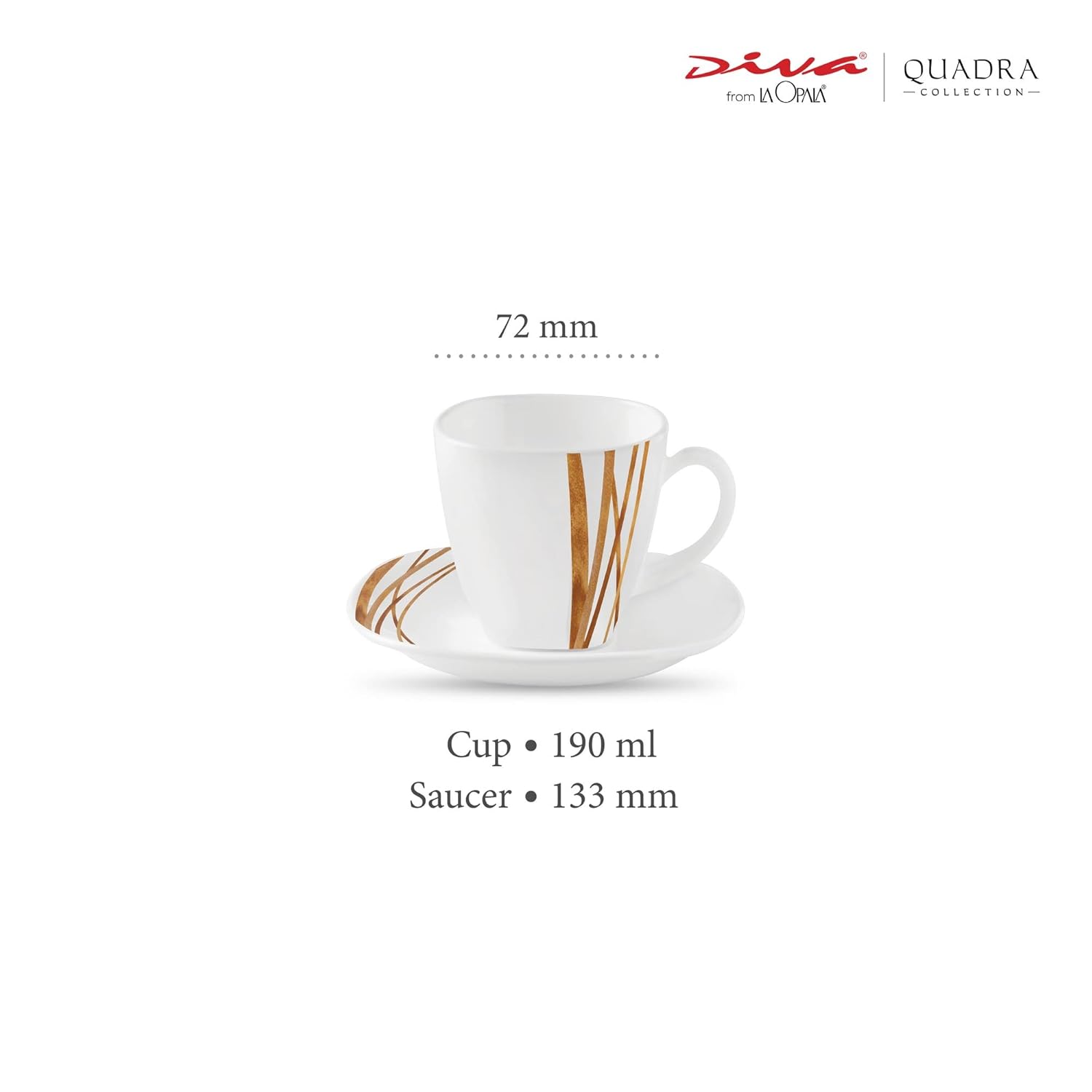 La Opala Diva, Quadra Collection, Opal Glass Cup & Saucer Set 12 pcs, Golden Shades, White, Standard
