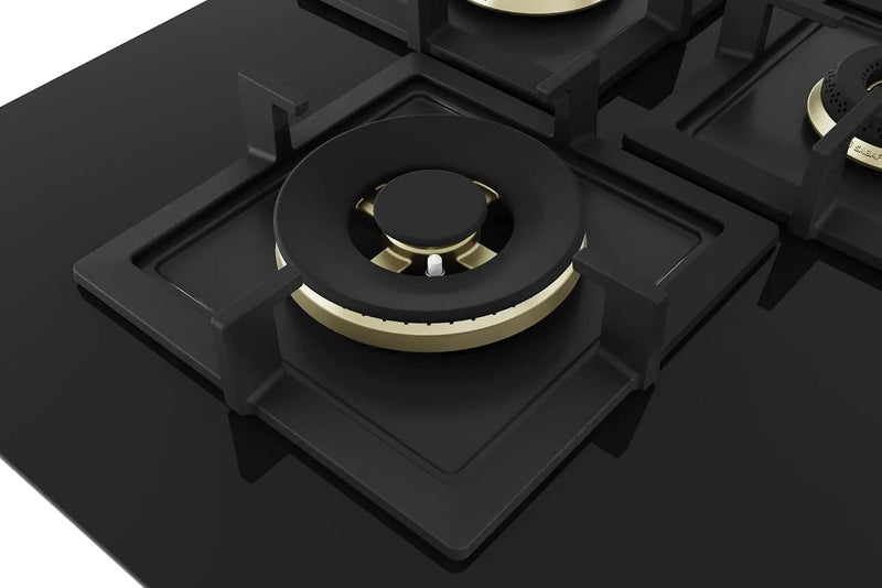 Bosch Built in Gas Hob Black Tempered glass Glass 4 Burner Auto Ignition 75 cm Full Brass 3D Ring Burners with Matt Black Heat Shields & Cast Iron pan supports (PNI7B6G20I)