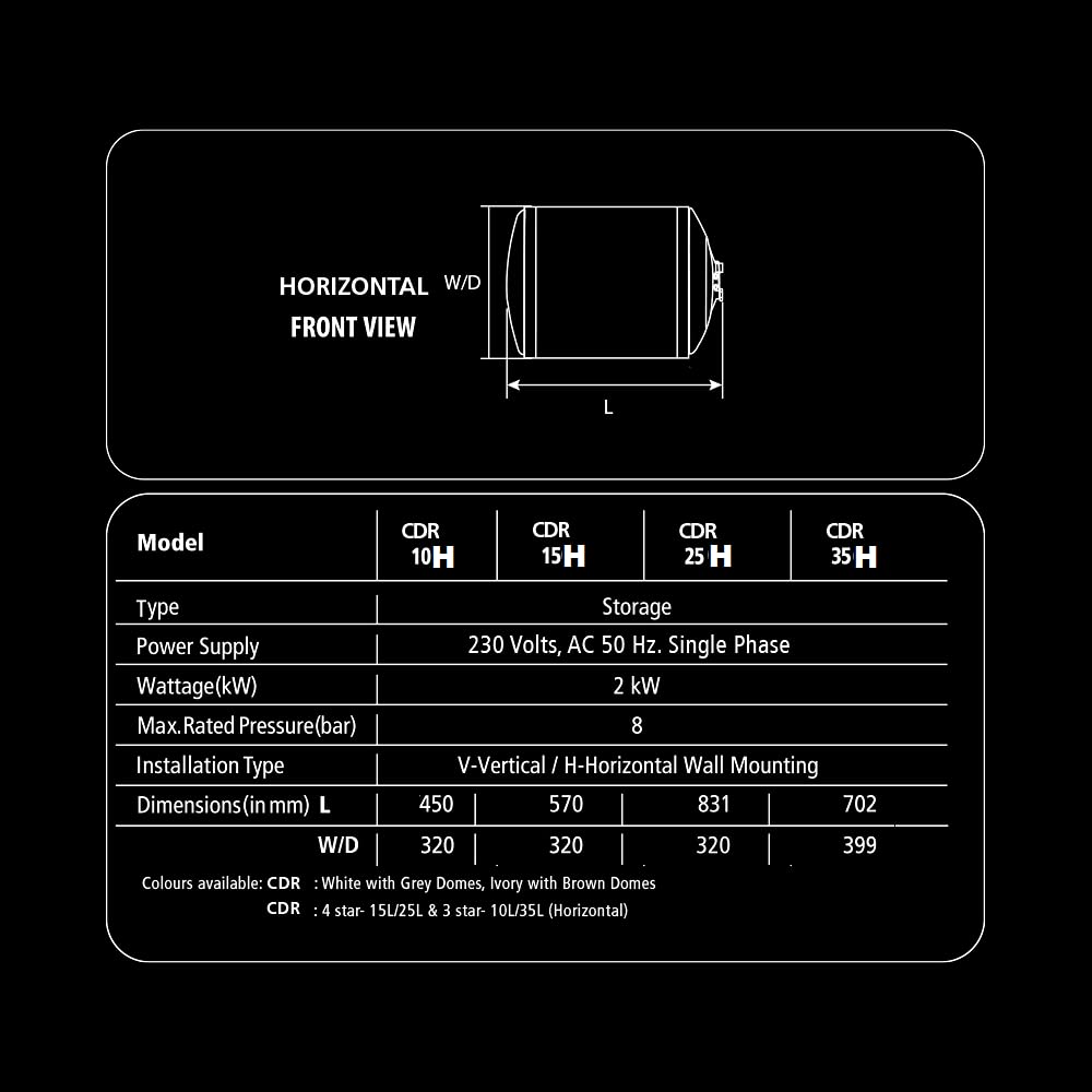 Racold CDR Dlx 25ltr Horizontal BEE 4 Star Storage Water Heater(Geyser) with Free Standard Installation & pipes || Rust Proof Body||