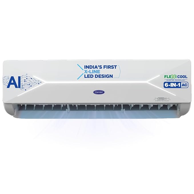 Carrier 1.5 Ton 5 Star X- Line LED Flexicool Inverter Split AC (Copper, Convertible 6-in-1,Dual Filtration with HD & PM 2.5 Filter, Smart Wifi, XCEL LUMO EXI, CAI18CL5R34W0,White)