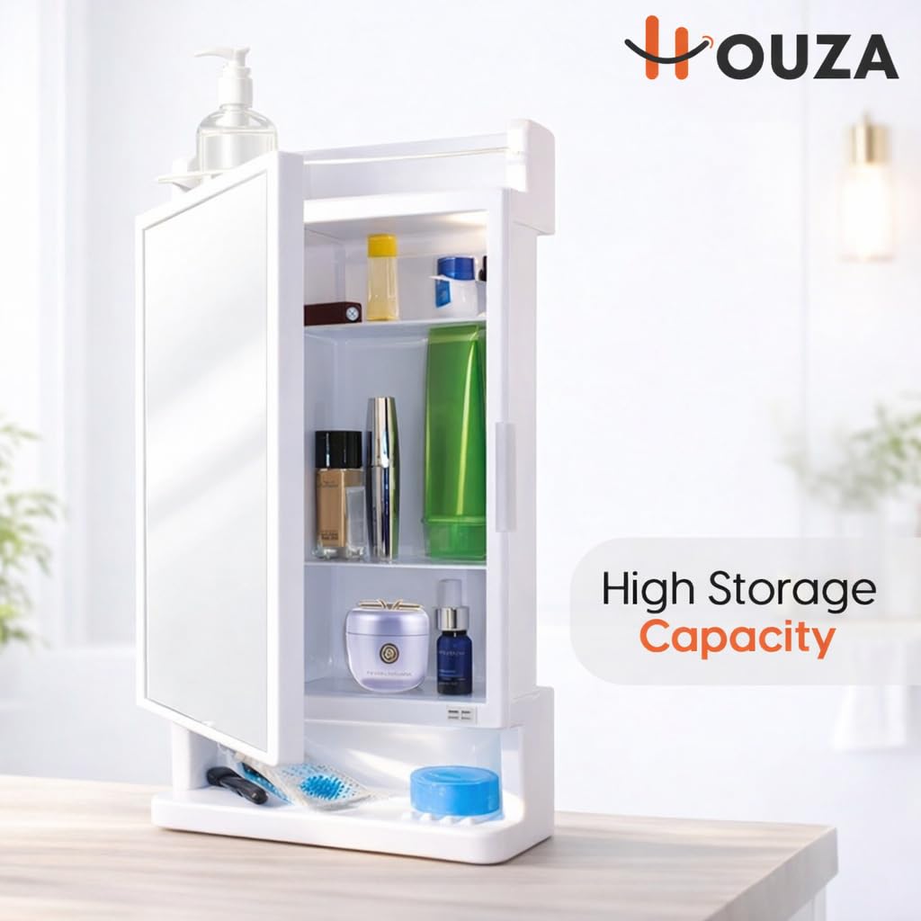 HOUZA Premium Look Plastic Wall Mounted Bathroom Mirror Cabinet with Storage | Waterproof Storage Organizer with Shelves | Bathroom Accessories (White)