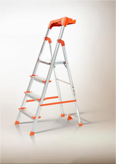 HOUZA Aluminium Ladder for Home 7 Steps Foldable with Anti-Skid Wide Steps | Multi-Purpose Heavy Duty Ladder, Kitchen & Household | 250 Kg Load Capacity | 5 Year Warranty (Orange)