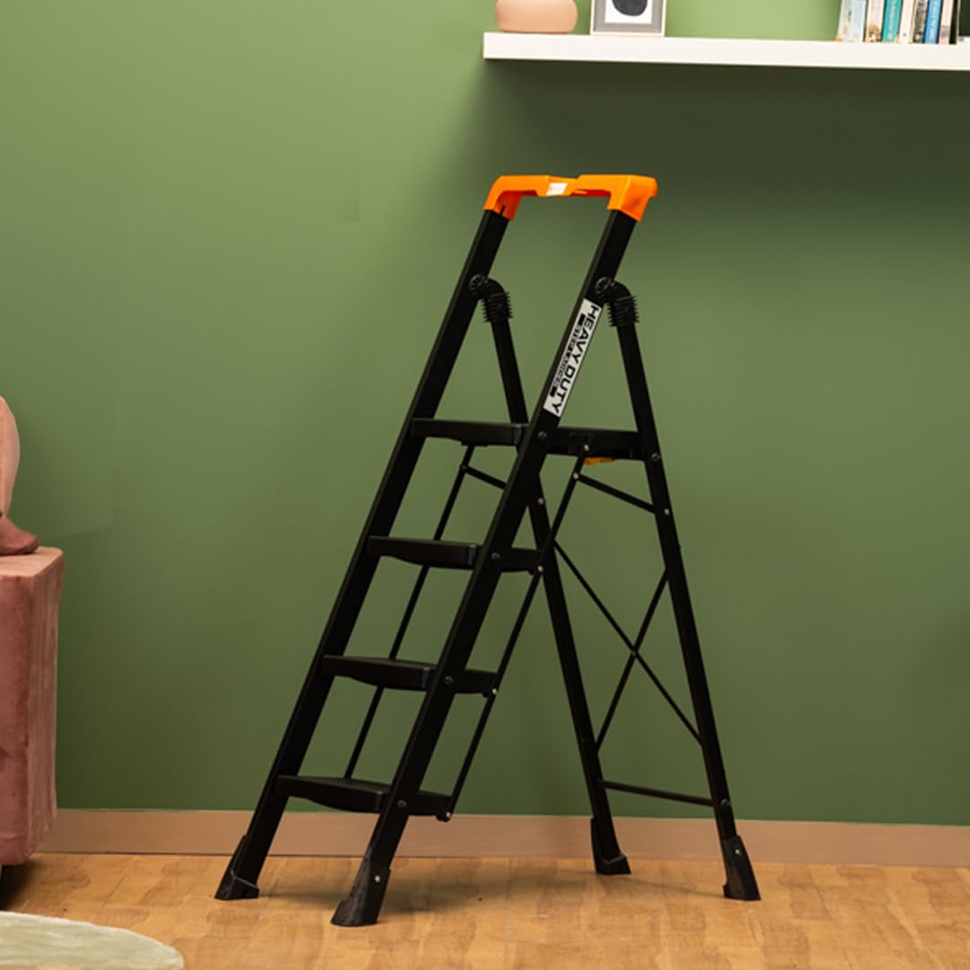 Bonkaso Alloy Steel Climb Master 7-Step Foldable Heavy Duty Ladder for Home, Indoor and Outdoor Purpose with Anti-Slip and Advanced Locking System - (Black&Orange)
