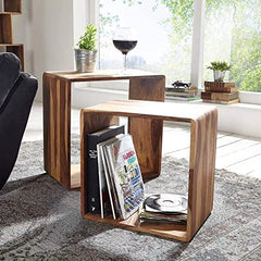 Sheesham Wood Bedside Table for Bedroom, Nested Cube - Set of 2 | Durable and Sturdy End Table | Home Decor Cof