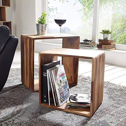 Sheesham Wood Bedside Table for Bedroom, Nested Cube - Set of 2 | Durable and Sturdy End Table | Home Decor Cof