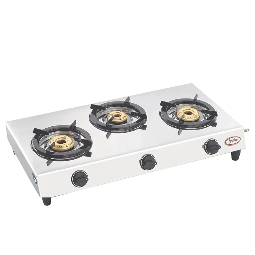 Prestige Gas Stove Perfect - Three Burner, Manual Ignition, Metallic Silver