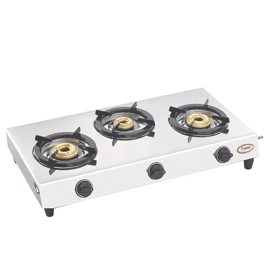 Prestige Gas Stove Perfect - Three Burner, Manual Ignition, Metallic Silver
