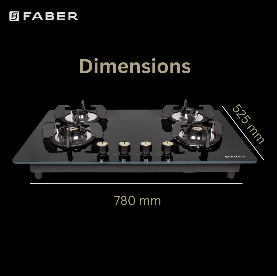 Faber Hob/Hobtop 4 Brass Burner Auto Electric Ignition Glass Top (Maxus HT784 CRS BR CI AI) Black, Glass and Mild Steel