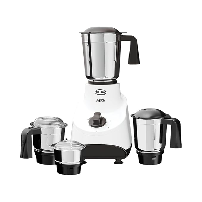 Ultra Apta Mixer Grinder - Fortune White & Black | India’s First Double ball-bearing Motor 550W High Torque with 2 Years Warranty | 204Cu Food-Grade 4 SS Jar, 3 Speed Regular + Pulse