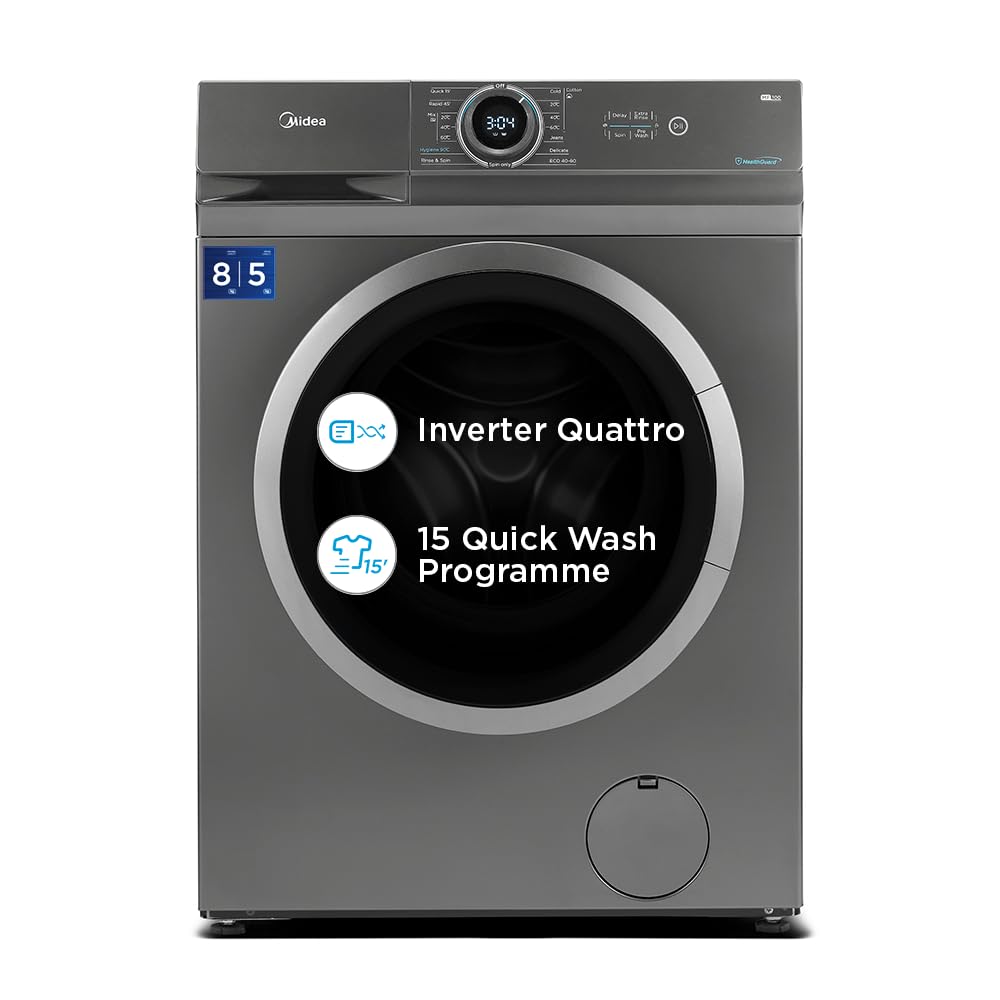 Midea 8Kg/5Kg Inverter Fully Automatic Washer Dryer (Mf100D80B/T-In, Titanium Silver, Inbuilt Heater) - Front Load