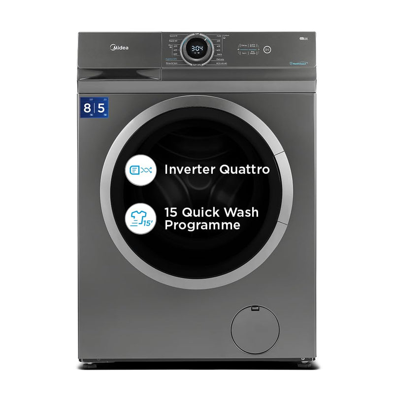 Midea 8Kg/5Kg Inverter Fully Automatic Washer Dryer (Mf100D80B/T-In, Titanium Silver, Inbuilt Heater) - Front Load
