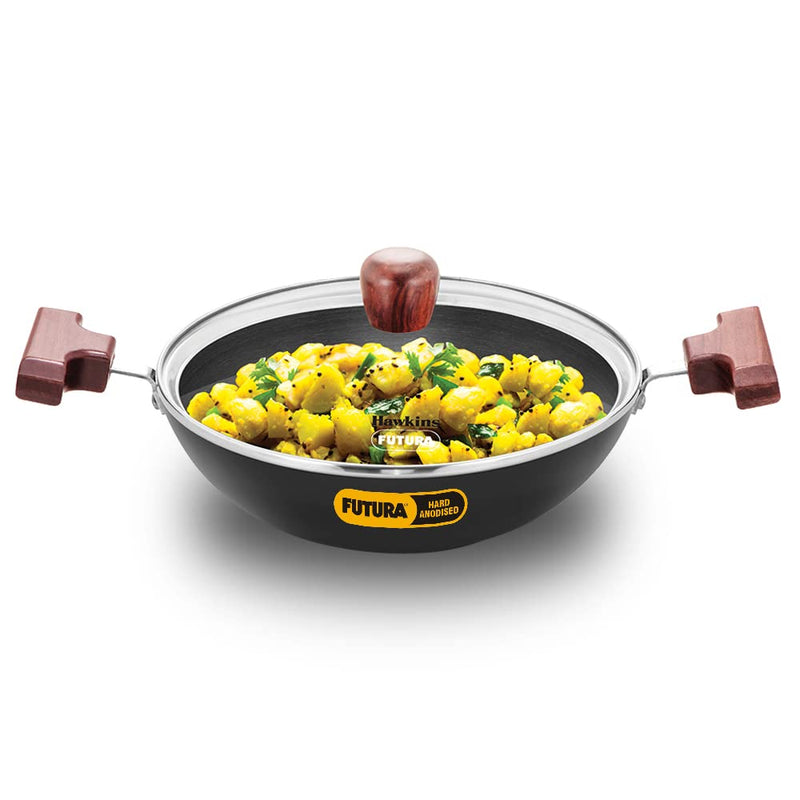Hawkins Futura Hard Anodised Deep-Fry Pan 1.5 L, 22 cm, 3.25 mm (Kadhai) with SS lid