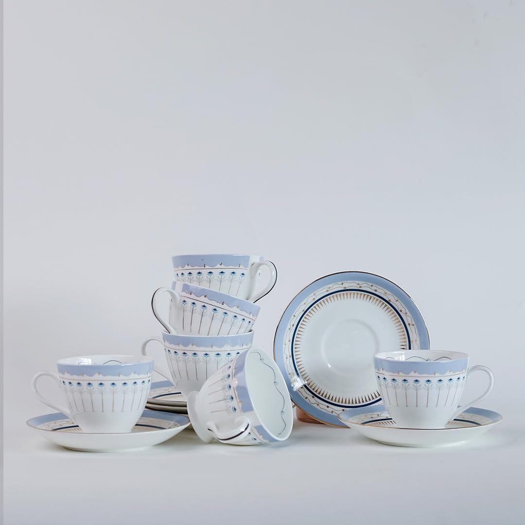 Magique by The Wishing Chair x ClayCraft : River of Flowers Tea Cups & Saucers Set of 6 | 180 ml Fine Ceramic Floral Cups | Elegant Glossy Finish | Ideal for Gifting & Home Use